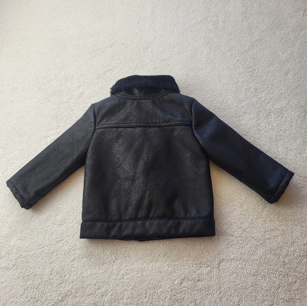 OshKosh Toddler Faux Leather Faux Fur Black Moto Style Jacket Size 18 Months